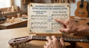 Comparison diagram showing musical notation and guitar tablature side-by-side for classical guitar learners.