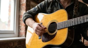 Close-up illustration of a guitarist strumming a dreadnought acoustic guitar using a plectrum for rich acoustic tone.