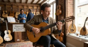 Guitarist trying out a versatile classical guitar for flamenco in a British specialist music shop.