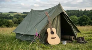 Compact travel mini acoustic guitar leaning against a tent during a British countryside camping trip.