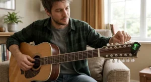 Musician using a clip-on digital tuner to adjust octave strings on a 12-string acoustic guitar.