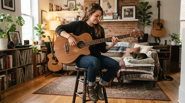Musician sitting comfortably on a stool practicing chords on a 4-string bass guitar for beginners