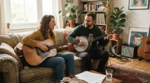 Musicians enjoying an informal jam session with a 5-string bass guitar in a living room