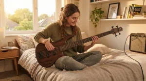 A beginner practicing chords on a 5-string bass guitar in a cosy bedroom setting