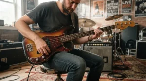 Musician adjusting active electronics on a 5-string bass guitar for metal during a rehearsal space session