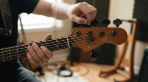 Musician peg-tuning a 5-string bass guitar for metal for a heavy drop tuning setup in Manchester
