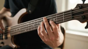 Detailed view of the fast neck profile on a 5-string bass guitar for metal showing fretboard detail