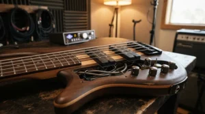 Close-up of a 5-string bass guitar for metal connected to high output bass pickups in a British recording studio
