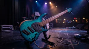 A 5-string bass guitar for metal resting on a guitar stand under stage lights at a London venue