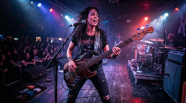 Bassist performing live on stage with a 5-string bass guitar delivering deep low B tuning frequencies