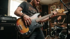 Dynamic action shot of a player performing slap and pop grooves on a 5-string bass guitar
