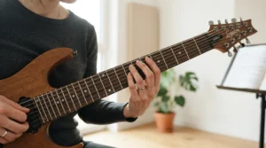 Musician demonstrating proper technique for a wider neck adjustment on a 5-string bass guitar