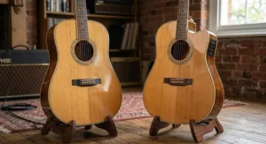 Comparison of Dreadnought acoustic and single-cutaway electro acoustic guitar body shapes