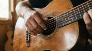 Detailed shot of fingers plucking strings during a fingerstyle acoustic bass guitar performance