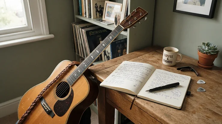 An acoustic bass guitar for beginners set up neatly in a student bedroom workspace.