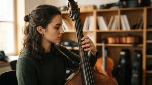 Demonstrating a comfortable grip on the neck of an acoustic bass guitar for beginners.