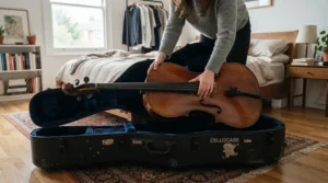 Storing an acoustic bass guitar for beginners safely in its protective hard case at home.