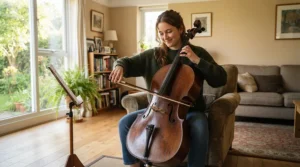 An acoustic bass guitar for beginners resting on a stand in a cosy London flat living room.