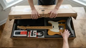 Unboxing an acoustic bass guitar for beginners with accessories laid out on a wooden table.