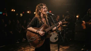 Singer-songwriter performing live on stage with an acoustic bass guitar and vocal microphone