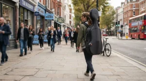 Musician carrying an acoustic bass guitar in a padded gig bag down a city street