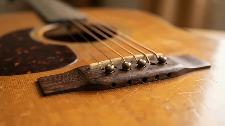 Close-up view showing the bridge and piezo pickup installation on an acoustic bass guitar