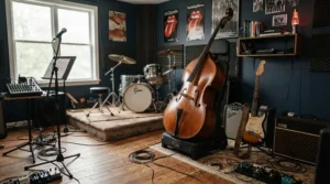 Band members setting up gear, featuring an acoustic bass guitar on a stand in a rehearsal room