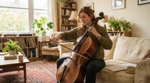 Musician playing an acoustic bass guitar during an unplugged practice session in a cosy living room