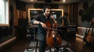 Performer recording tracks with an acoustic-electric bass guitar plugged into a studio mixing desk