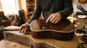 Musician opening the back cavity of an active vs passive bass guitar to replace the battery