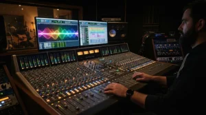 Sound engineer monitoring audio frequencies from an active vs passive bass guitar session