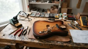 Workbench showing tools used for modifying the electronics of an active vs passive bass guitar