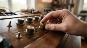 Close-up of control knobs on an active vs passive bass guitar for tonal shaping options
