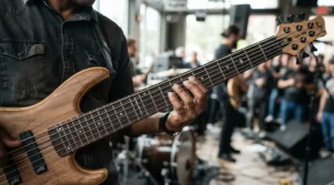 A detailed illustration showcasing the extended range of the best 5 string bass guitar for modern genres