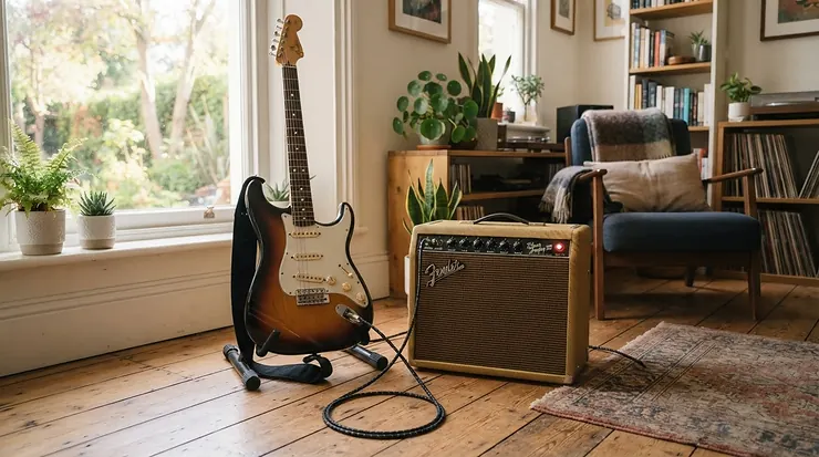 An audio setup guide showing how to pair the best bass guitar with a suitable practice amp