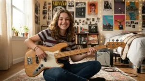 An introductory illustration showing a novice musician learning to play the best bass guitar for beginners