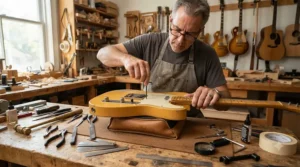 A workshop scene illustrating proper maintenance tips to keep the best bass guitar playing smoothly