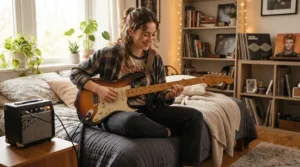 A teenager practising guitar with the best combo amp under £200 in a cosy British bedroom