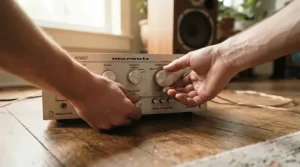 A beginner guitarist setting up the best combo amp under £200 for a home practice session
