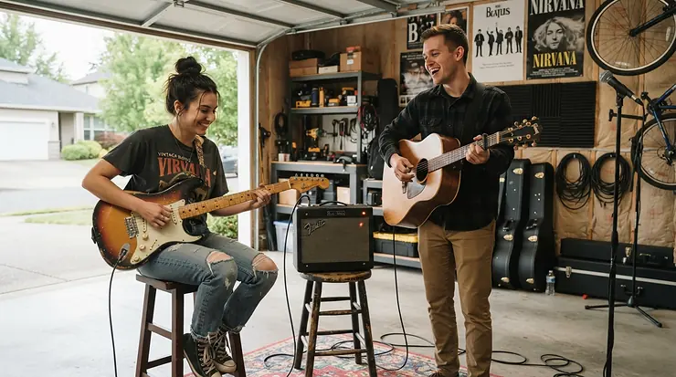 Teens playing music together with the best combo amp under £200 in a home garage