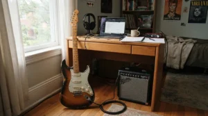 A university student using the best combo amp under £200 in a compact study bedroom