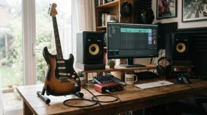 An electro classical guitar connected via jack cable to a mixing desk in a home recording studio.