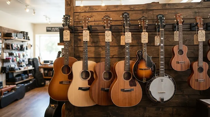 A selection of electro classical guitars displayed on hangers in a music shop showroom.