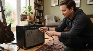Plugging an audio cable into a practice amplifier for a beginner bass guitar
