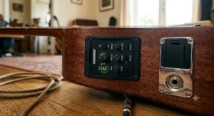 Close-up of integrated tuner, equalizer controls and output jack on an electro acoustic guitar body