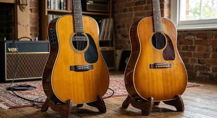 Electro acoustic vs acoustic guitar side by side comparison showing the pickup preamp system and solid wood body details