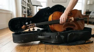 An electro classical guitar half-unzipped from a protective padded gig bag ready for transport.