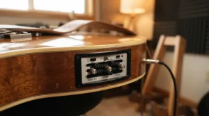 Close-up of a high-end electro classical guitar showing the onboard preamp and equaliser controls.