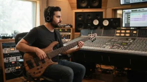Session musician recording tracks with an extended range 5-string bass guitar in a London studio