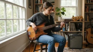 Musician demonstrating proper sitting posture with a beginner bass guitar